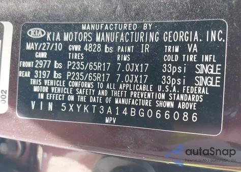 2011 Kia Sorento Lx z USA, uszkodzony, nr VIN 5XYKT3A14BG066086